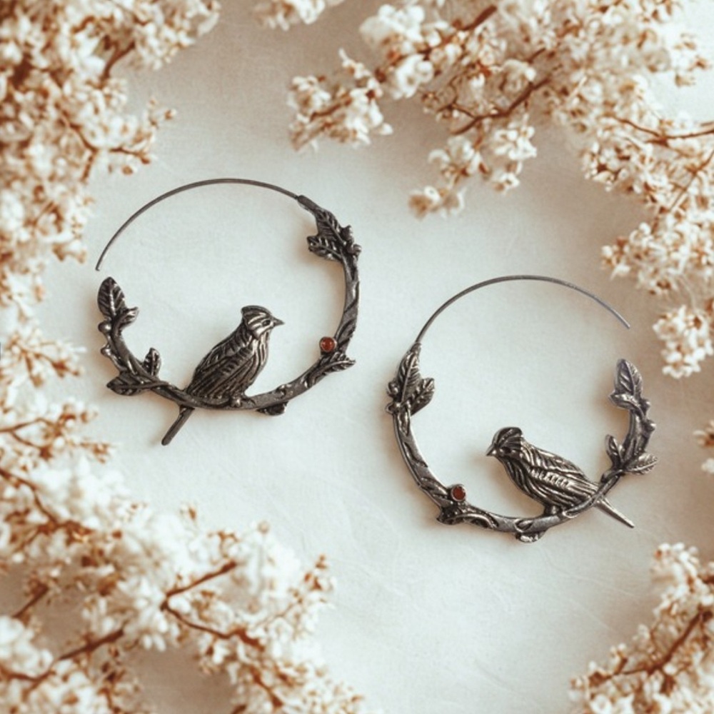 Anthropologie Bird Hoop Earrings in Antique Silver tone